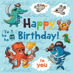 Lovely happy birthday card with pirates. Vector illustration