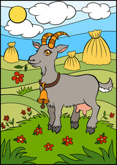 Cartoon farm animals for kids. Cute goat stands and holds flower