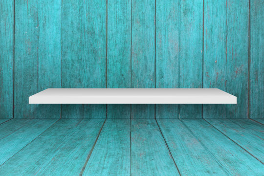 White Shelf With Old Blue Wooden Interior Texture