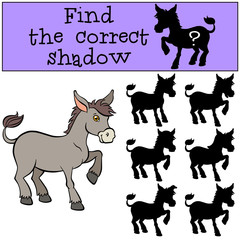 Children games: Find the correct shadow. Little cute donkey stan