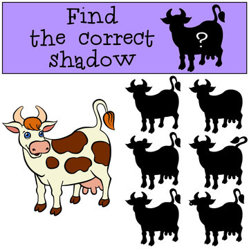 Children games: Find the correct shadow. Cute spotted cow stands