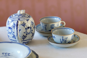 Coffee set made of white and blue porcelain
