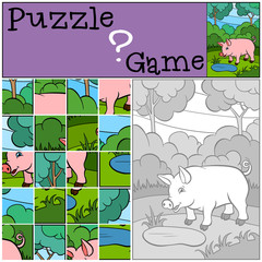 Children games: Puzzle. Little cute pig stands in the forest nea