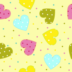 Seamless patchwork pattern with stitched hearts