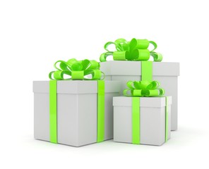 three gift boxes with bows isolated on white. 3d rendering.