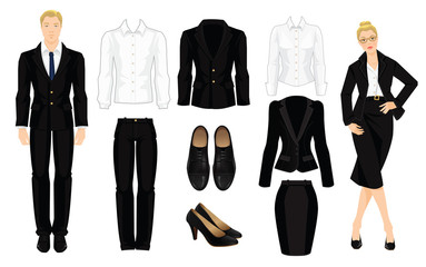 Vector illustration of corporate dress code. Office uniform. Clothes for business people. Secretary or professor in official black formal suit. Woman in glasses. Pair of black formal shoes. 