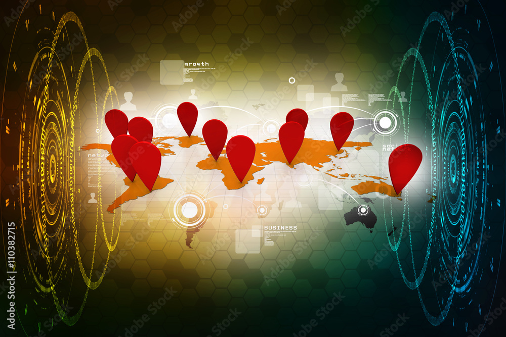 Poster 2d rendering red map pointer with world map