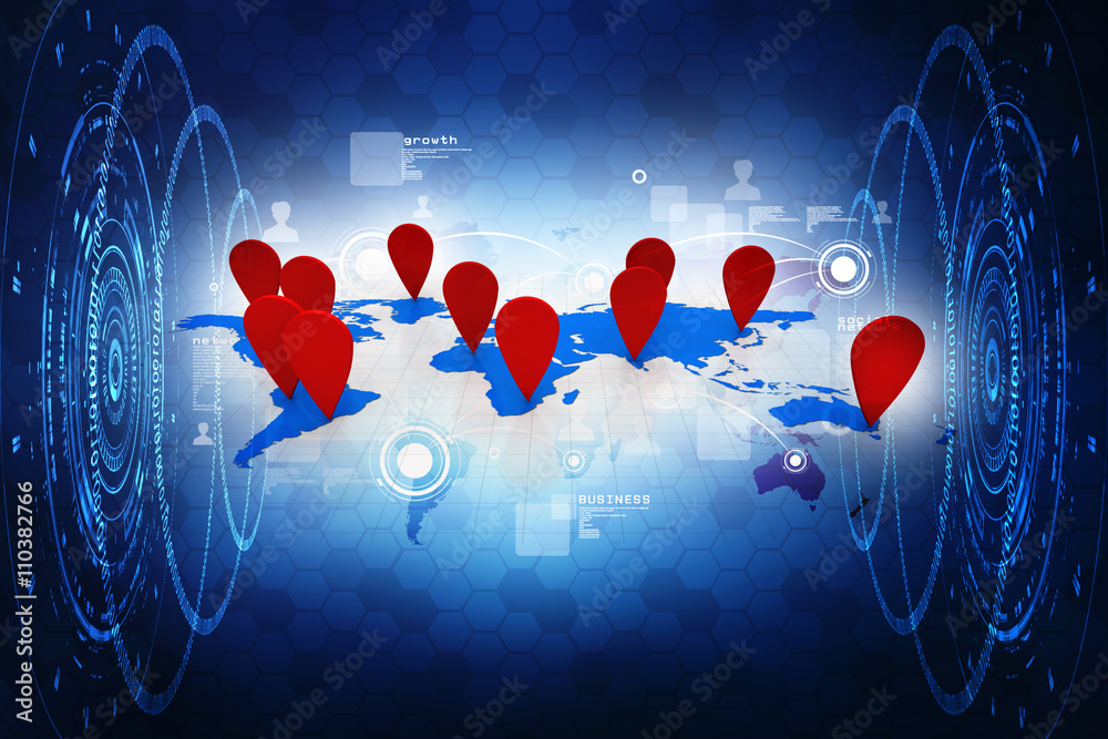 Poster 2d rendering red map pointer with world map