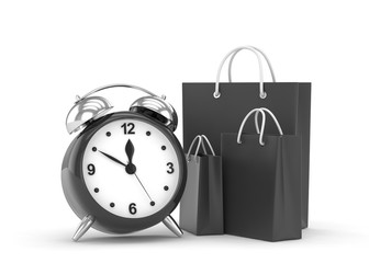 alarm clock and shopping bag (time to buy concept). 3d rendering.