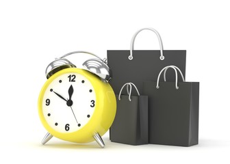 alarm clock and shopping bag (time to buy concept). 3d rendering.