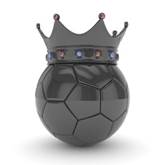 Black soccer ball with black crown on white background. 3D rendering.