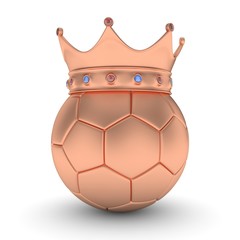Bronze soccer ball with bronze crown on white background. 3D rendering.