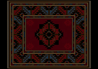 Ethnic carpet with a red and blue vintage ornament and a burgundy color in the middle