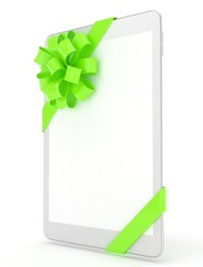 White tablet with green bow and empty screen. 3D rendering.