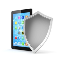 Tablet PC and shield on white device security concept. 3d rendering.