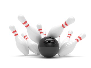 Bowling ball and skittles isolated. 3d rendering.