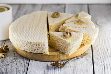 waffle cake on a wooden white background