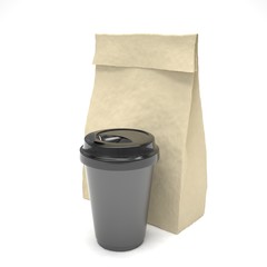 Coffee to go and lunch bag, on white. 3d rendering.
