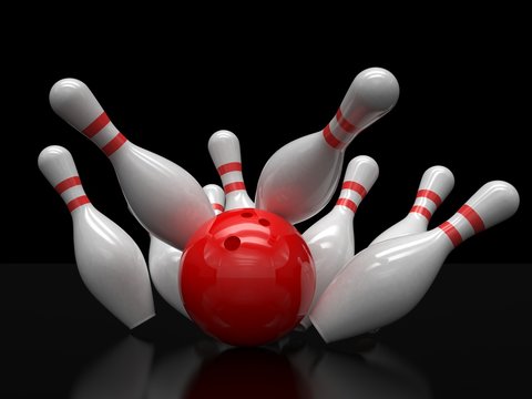 Bowling ball and skittles isolated. 3d rendering.