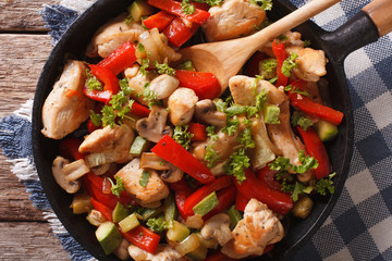 Chicken fried with mushrooms, peppers and zucchini closeup on a pan. horizontal top view
