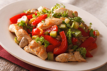 Chicken breast fried with mushrooms, peppers and zucchini closeup. horizontal
