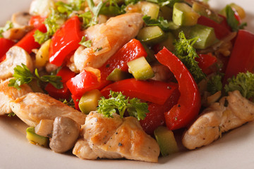 Chicken saute with mushrooms, peppers and zucchini macro. horizontal

