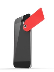 Smart phone with red price tag on white background. Identification, price, label. 3D rendering.