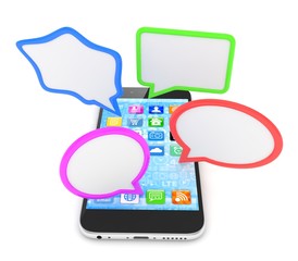 smartphone with bubbles isolated on white background. 3d rendering.