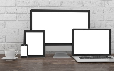 Fototapeta premium Responsive mockup screen. Monitor, laptop, tablet, phone on table in office. 3d rendering.