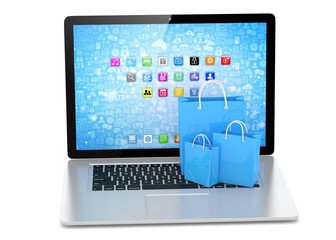 laptop and  shopping pags on white background. 3d rendering.