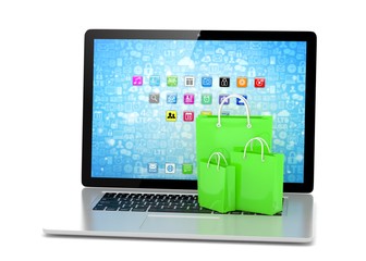 laptop and  shopping pags on white background. 3d rendering.