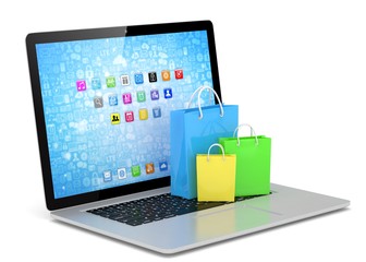 laptop and  shopping pags on white background. 3d rendering.