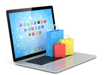 laptop and  shopping pags on white background. 3d rendering.