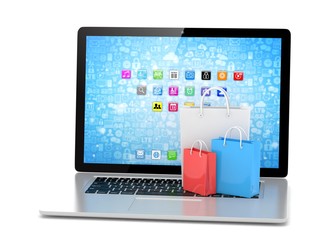 laptop and  shopping pags on white background. 3d rendering.