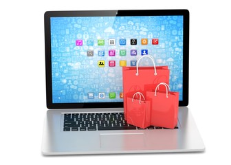 laptop and  shopping pags on white background. 3d rendering.