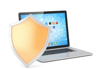 Laptop and shield on white, computer security concept. 3d rendering.