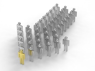 Many 3d people figure in arrow shape with the leader in front. 3d rendering.