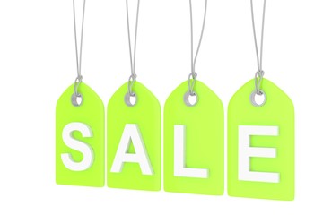 Green isolated sale labels on white background. Price tags. Special offer and promotion. Store discount. Shopping time. 3D rendering.