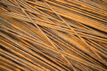 Horizontal MCU of smooth semi-rusty steel bars stacked in a diagonal position