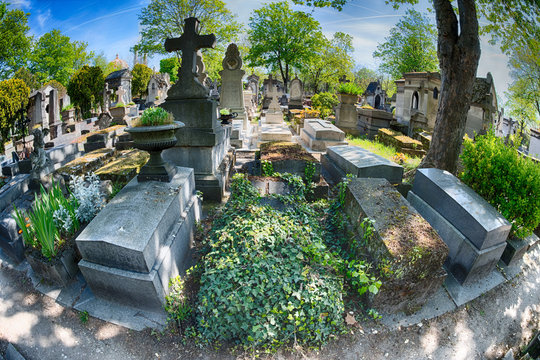 PARIS, FRANCE - MAY 2, 2016: old graves in Pere-Lachaise cemetery