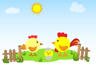 Hen, rooster and chicken on the green grass. Vector illustration for the children's websites, magazines. It can be used on labels of products and packing of goods