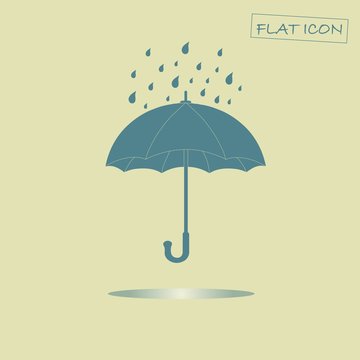 Flat umbrella icon. Blue umbrella on light beige background. Icon vector illustration