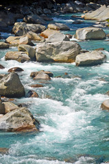 Crystal clear water rapids coursing through boulders in a mountain river