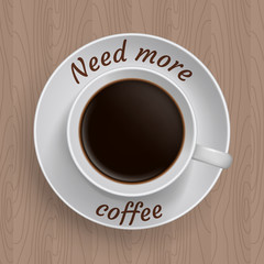 Cup of coffee on table with quote 'Need more coffee'.
