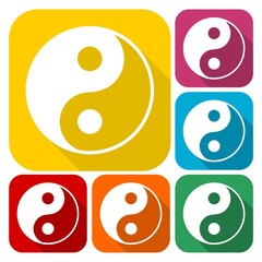 Ying yang symbol of harmony and balance icons set with long shadow