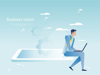 Cloud networking concept. Businessman working on laptop