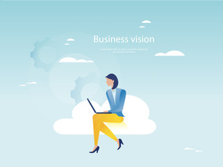Cloud networking concept. Businesswoman working on laptop