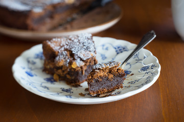 Macro shot of moist fudgy chocolate brownies. Selective focus.