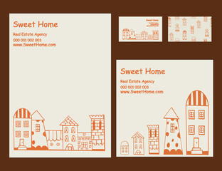 Corporate Identity vector templates set with doodles houses and cottages.