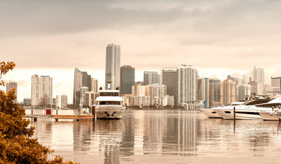 Miami skyline on a cloudy day from Rickenbacker Causeway - FL